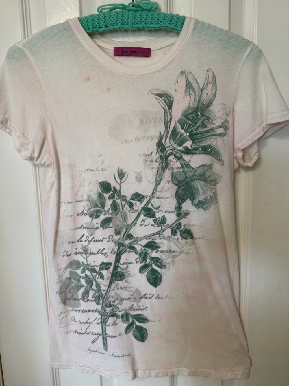 Joomi Joel’s Floral Graphic Rhinestone Tee in Light Pink and Green